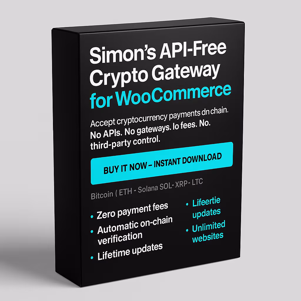 Simon’s API-Free Crypto Gateway for WooCommerce software box
