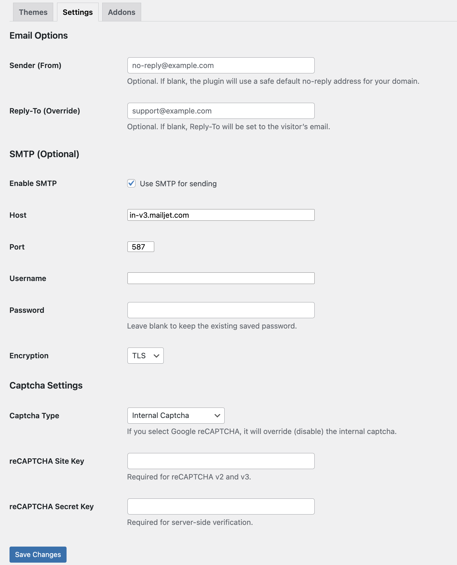 Simon’s Simple Contact Form settings page showing SMTP and captcha options