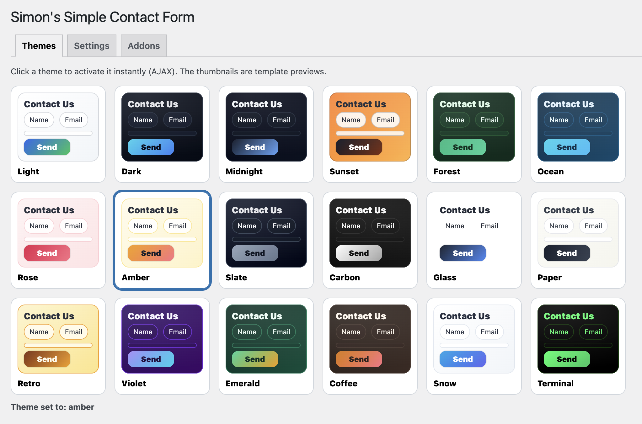 Theme selection grid with included themes for Simon’s Simple Contact Form