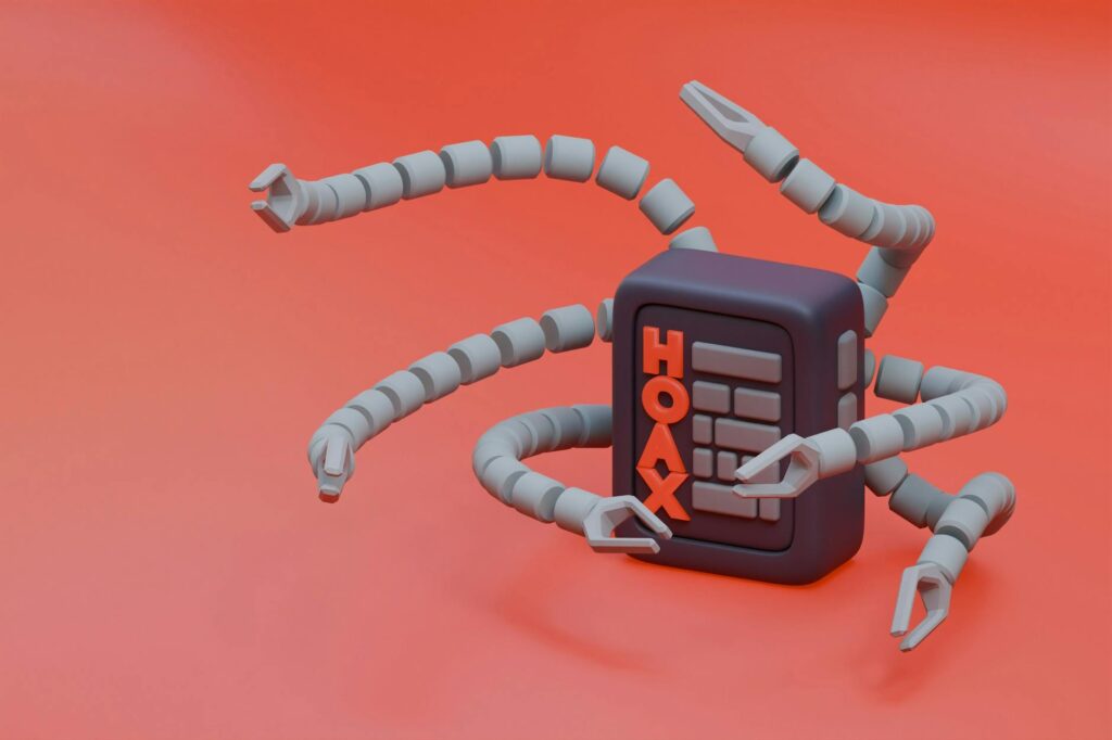 A 3D rendered robot with tentacle arms and 'HOAX' text, signifying disinformation.